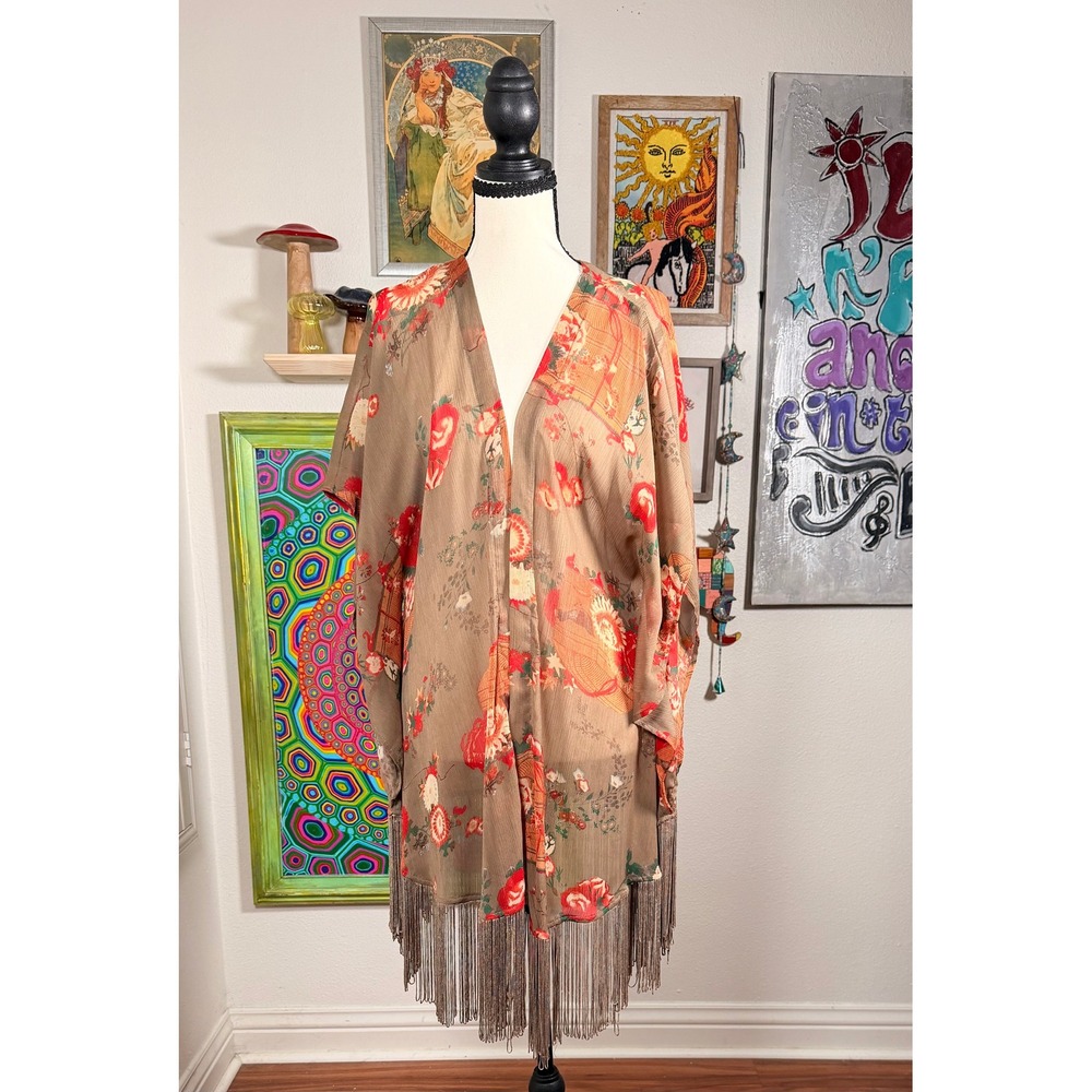 Kimchi Blue Floral Fringe Kimono Wrap Brown Red Boho Festival Cardigan Small